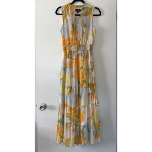 MSK Printed Smocked-Waist Tiered Maxi Dress S Floral Colorful Paint Design